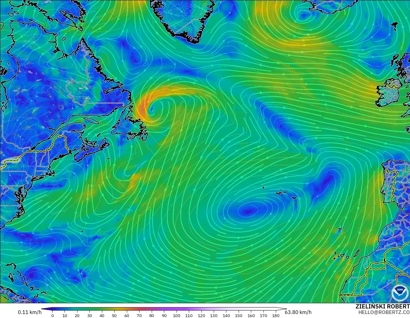 GFS modelo - Norte Atlántico, Viento a 10 m