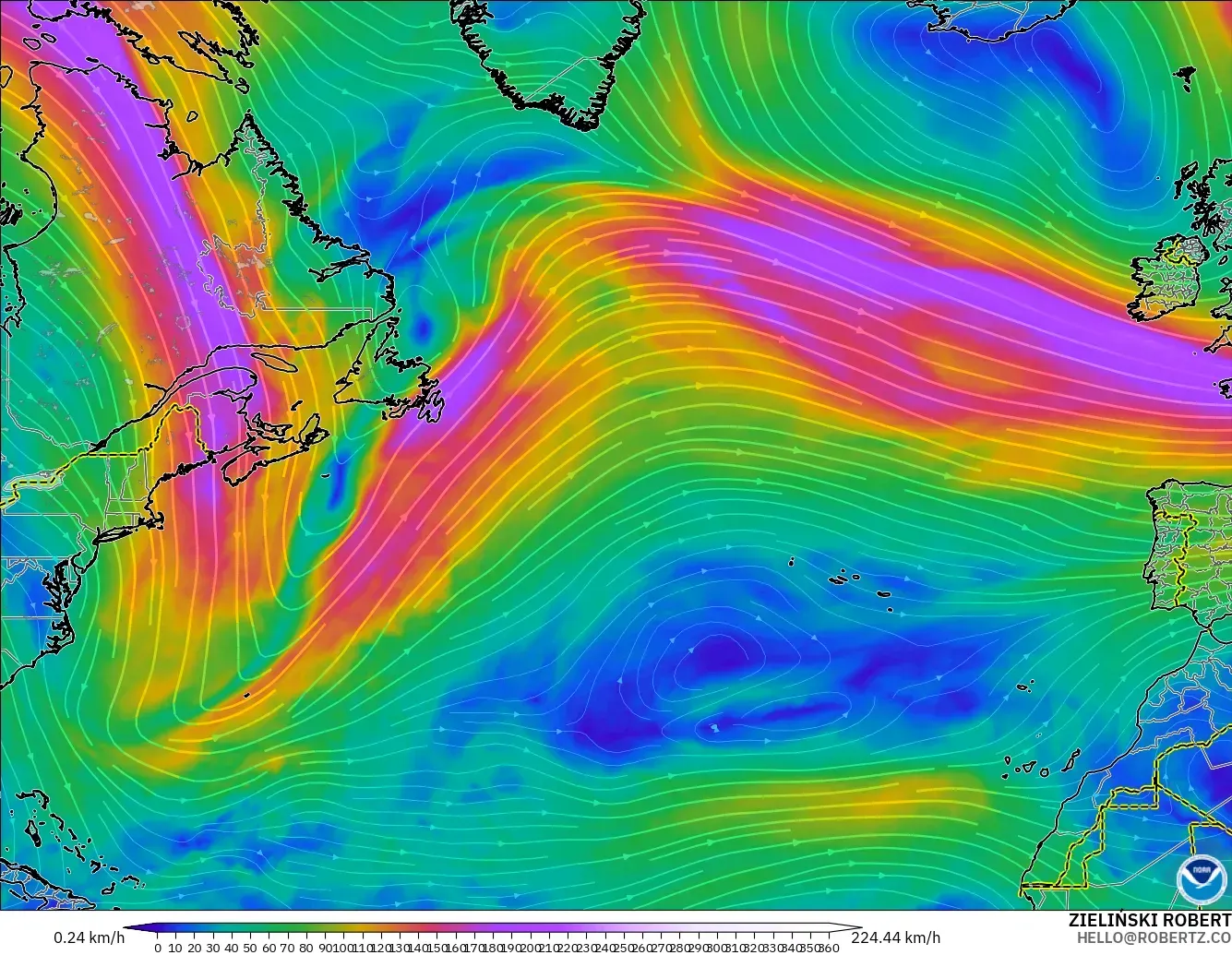 GFS modelo - Norte Atlántico, Viento a 300 hPa (corriente en chorro)