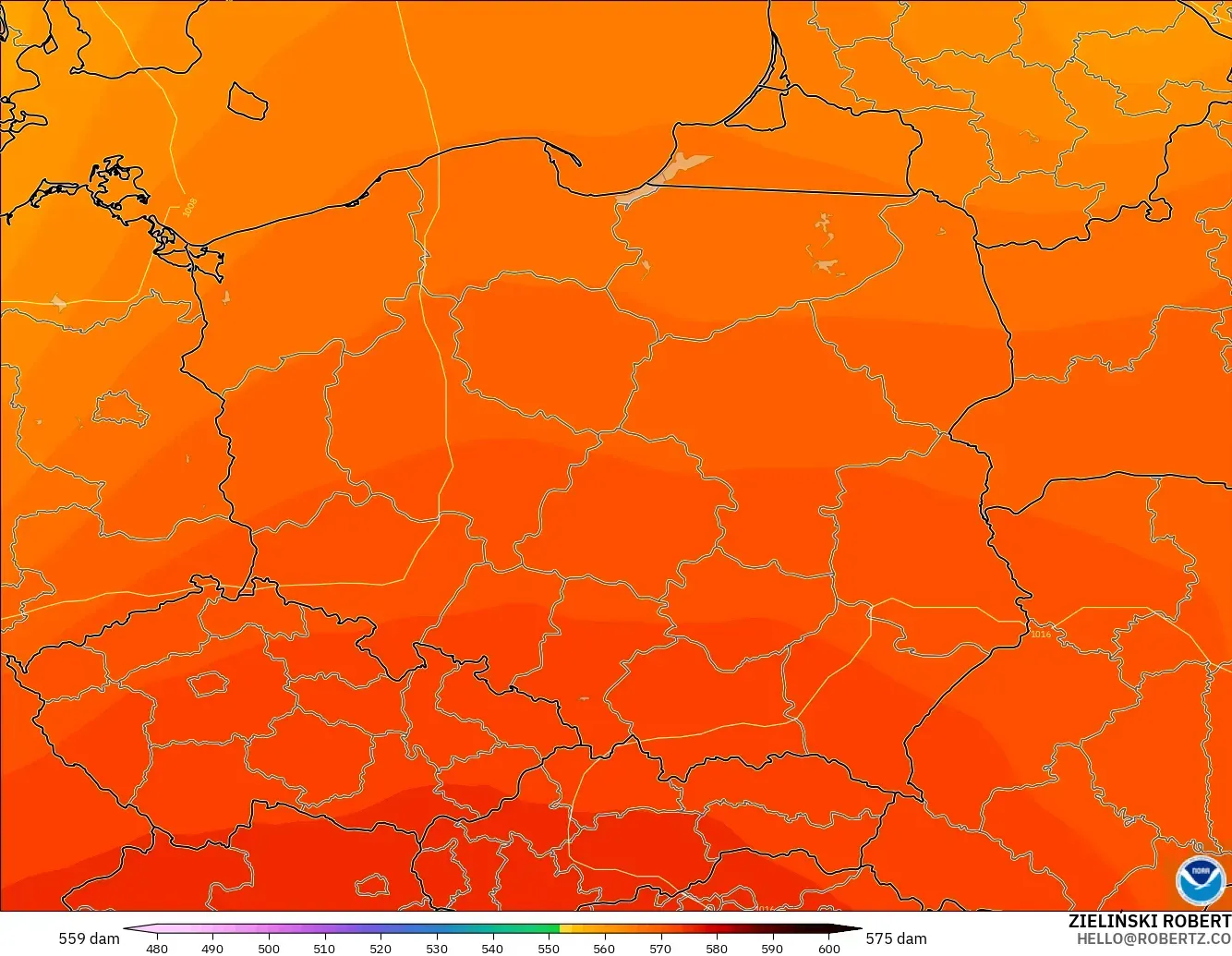 GFS modelo - Polonia, Altura geopotencial a 500 hPa