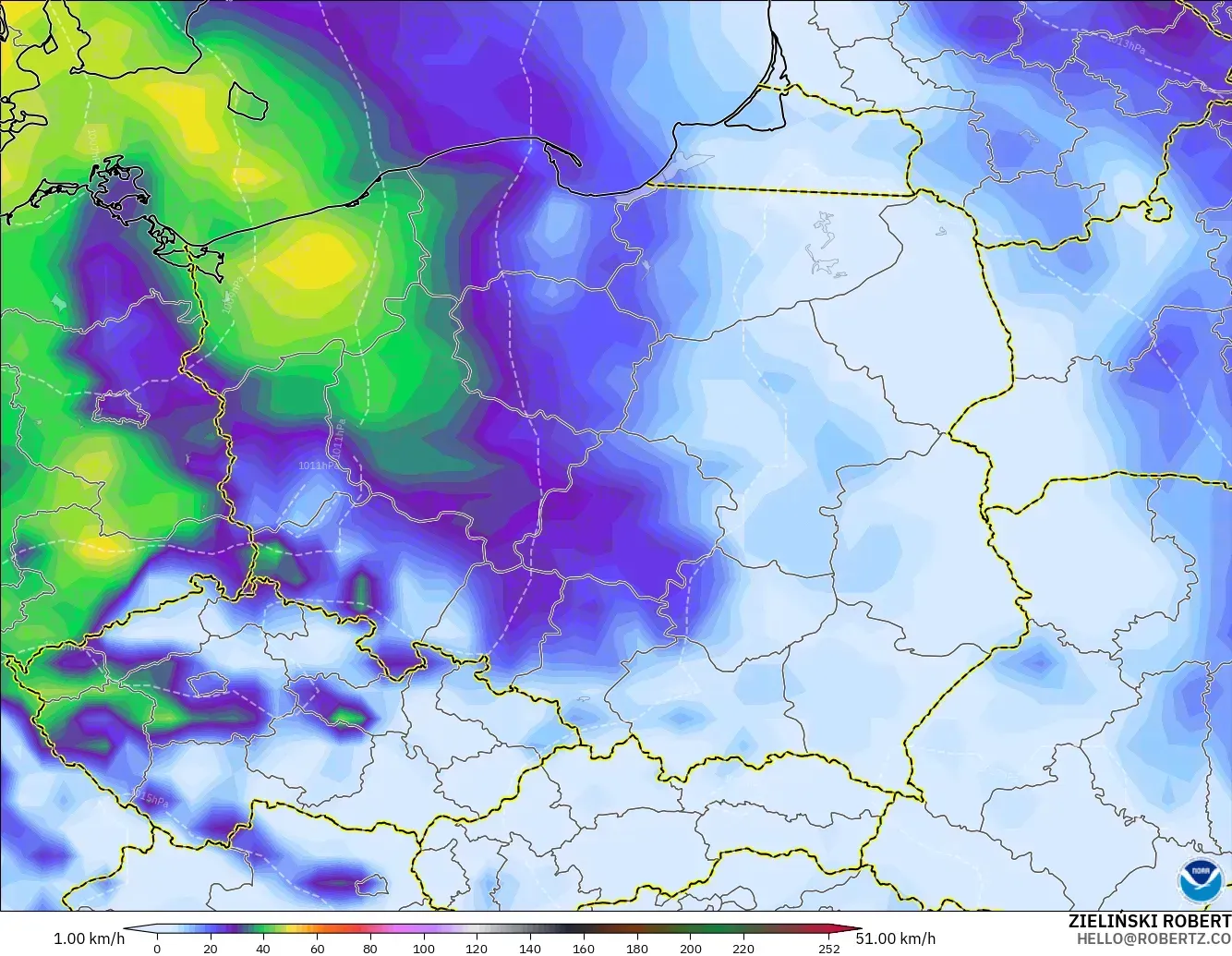 GFS modelo - Polonia, Ráfagas de viento