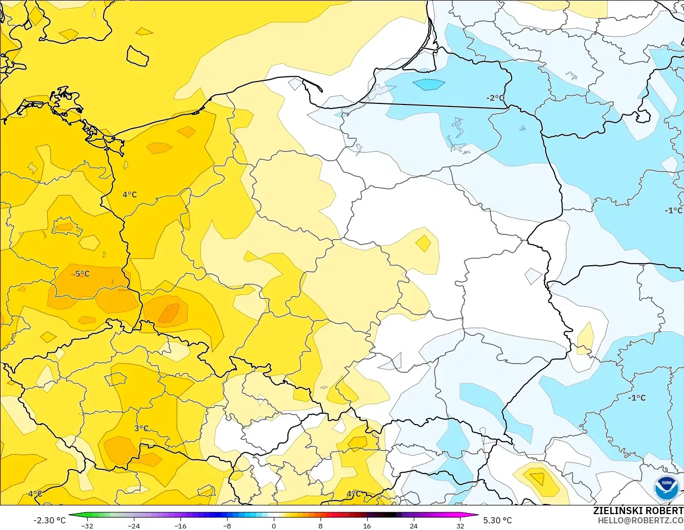 GFS modelo - Polonia, Anomalía de temperatura a 2 m