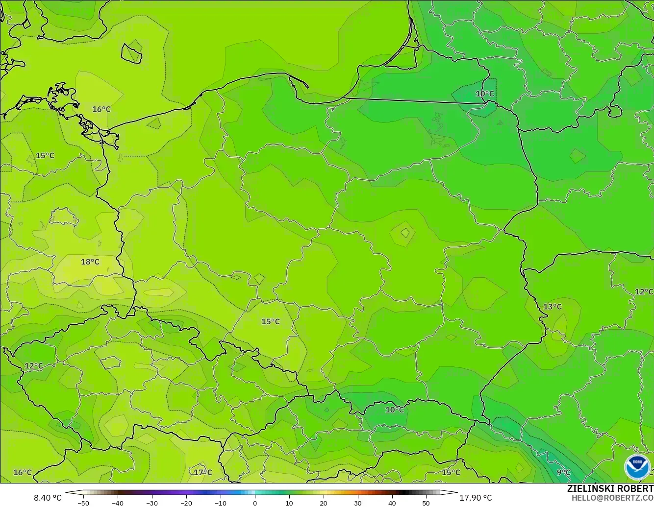 GFS modelo - Polonia, Temperatura a 2 m