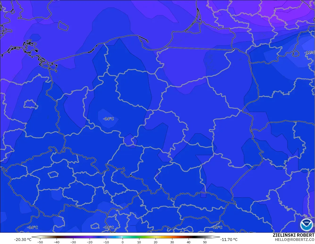 GFS modelo - Polonia, Temperatura a 500 hPa
