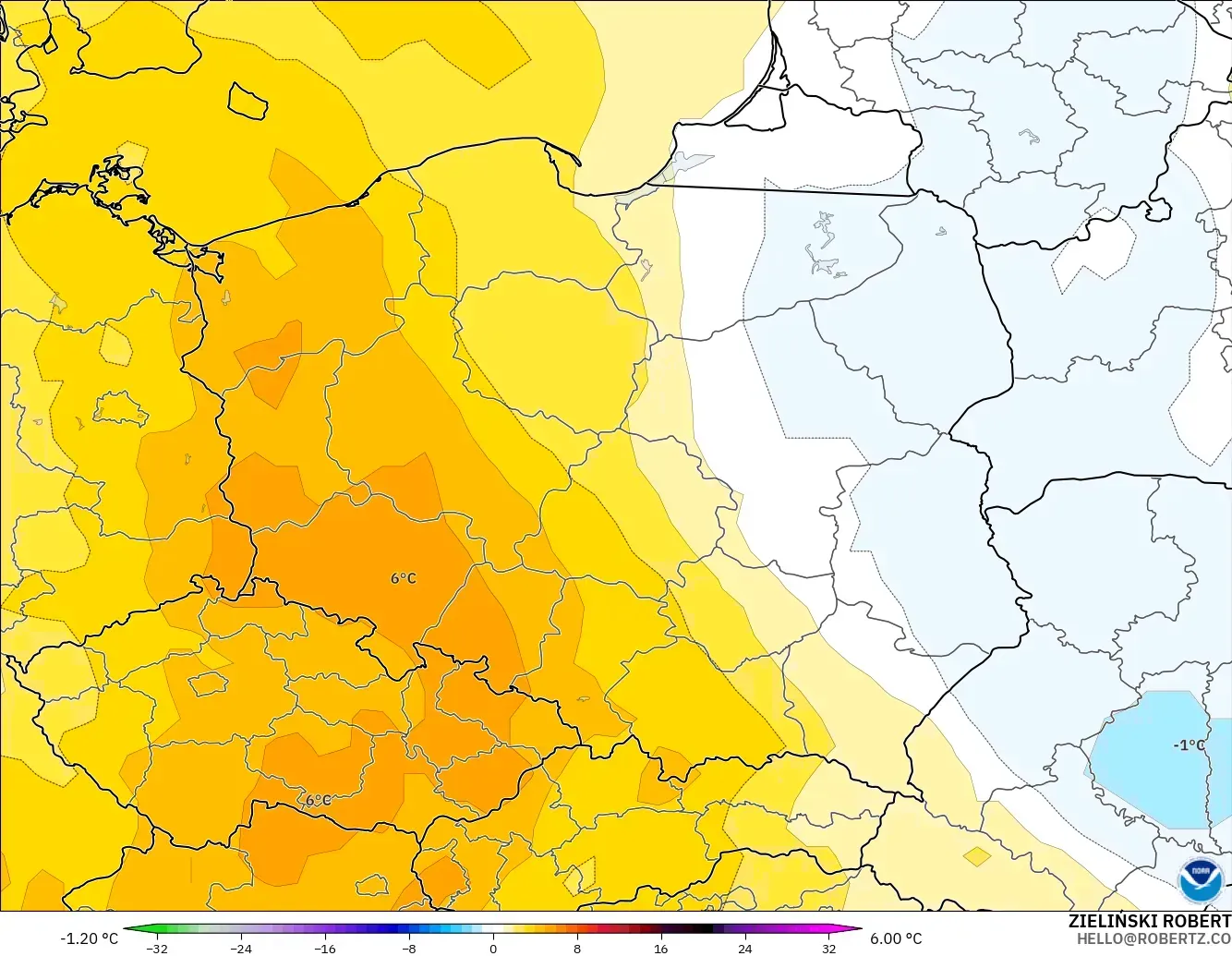 GFS modelo - Polonia, Anomalía de temperatura a 850 hPa