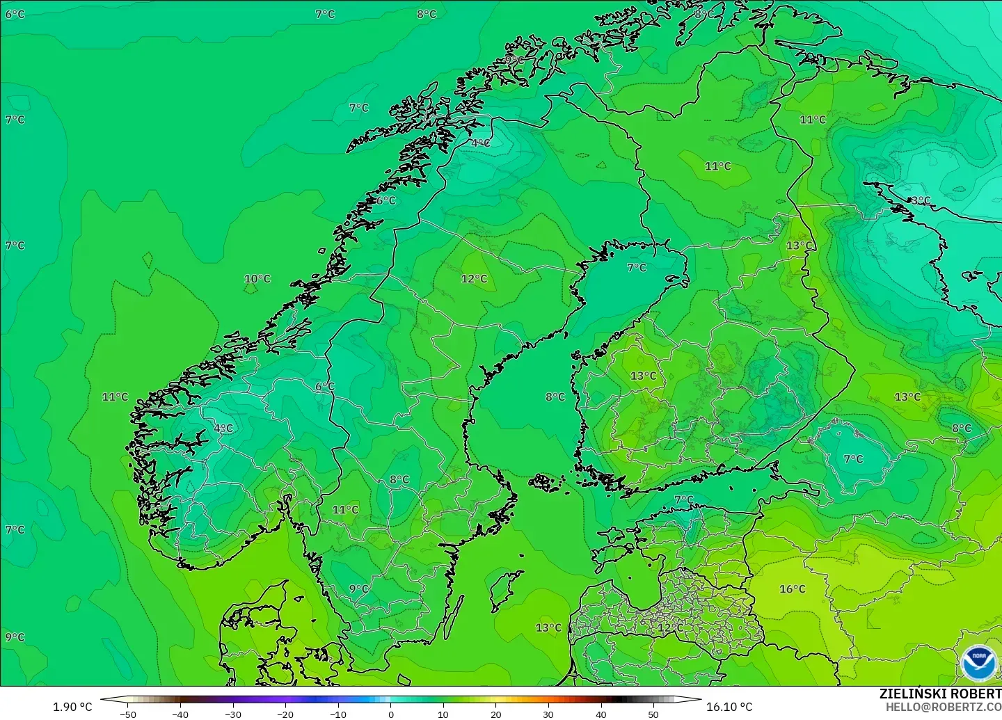 GFS modelo - Escandinavia, Punto de rocío a 2 m