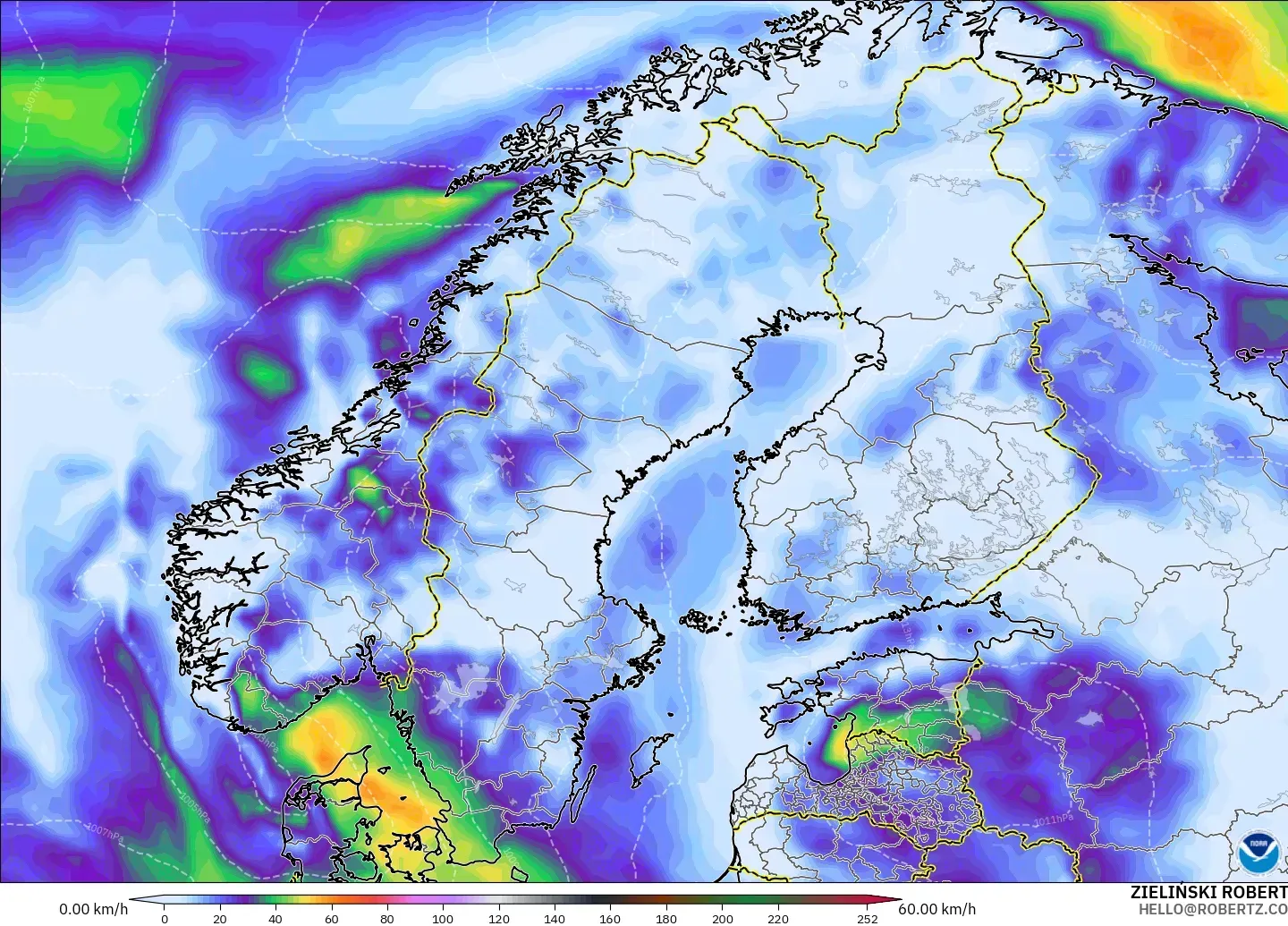 GFS modelo - Escandinavia, Ráfagas de viento