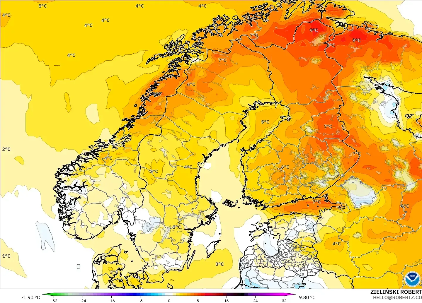 GFS modelo - Escandinavia, Anomalía de temperatura a 2 m