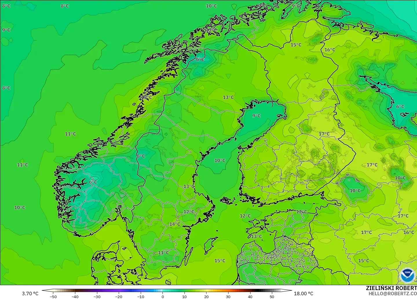 GFS modelo - Escandinavia, Temperatura a 2 m