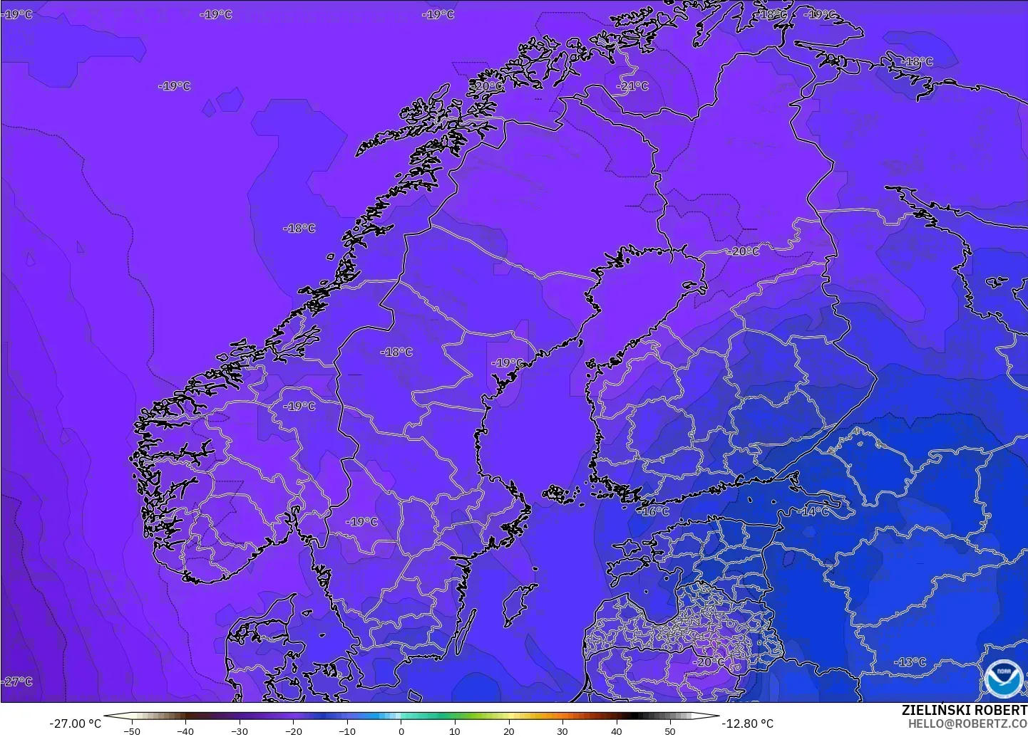 GFS modelo - Escandinavia, Temperatura a 500 hPa