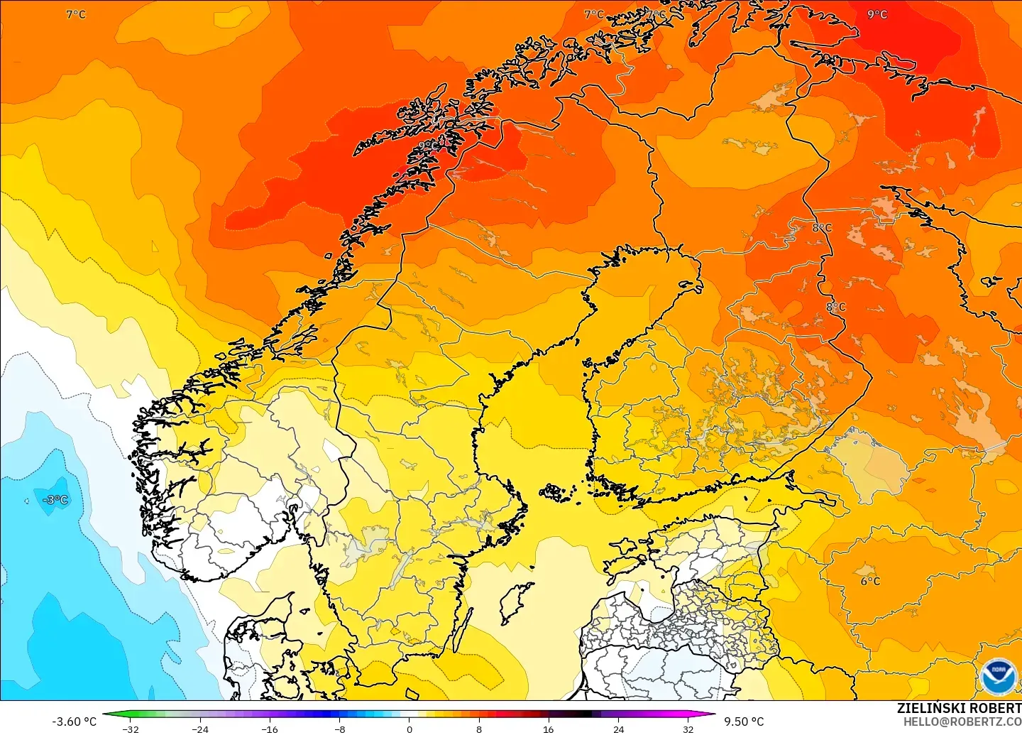GFS modelo - Escandinavia, Anomalía de temperatura a 850 hPa