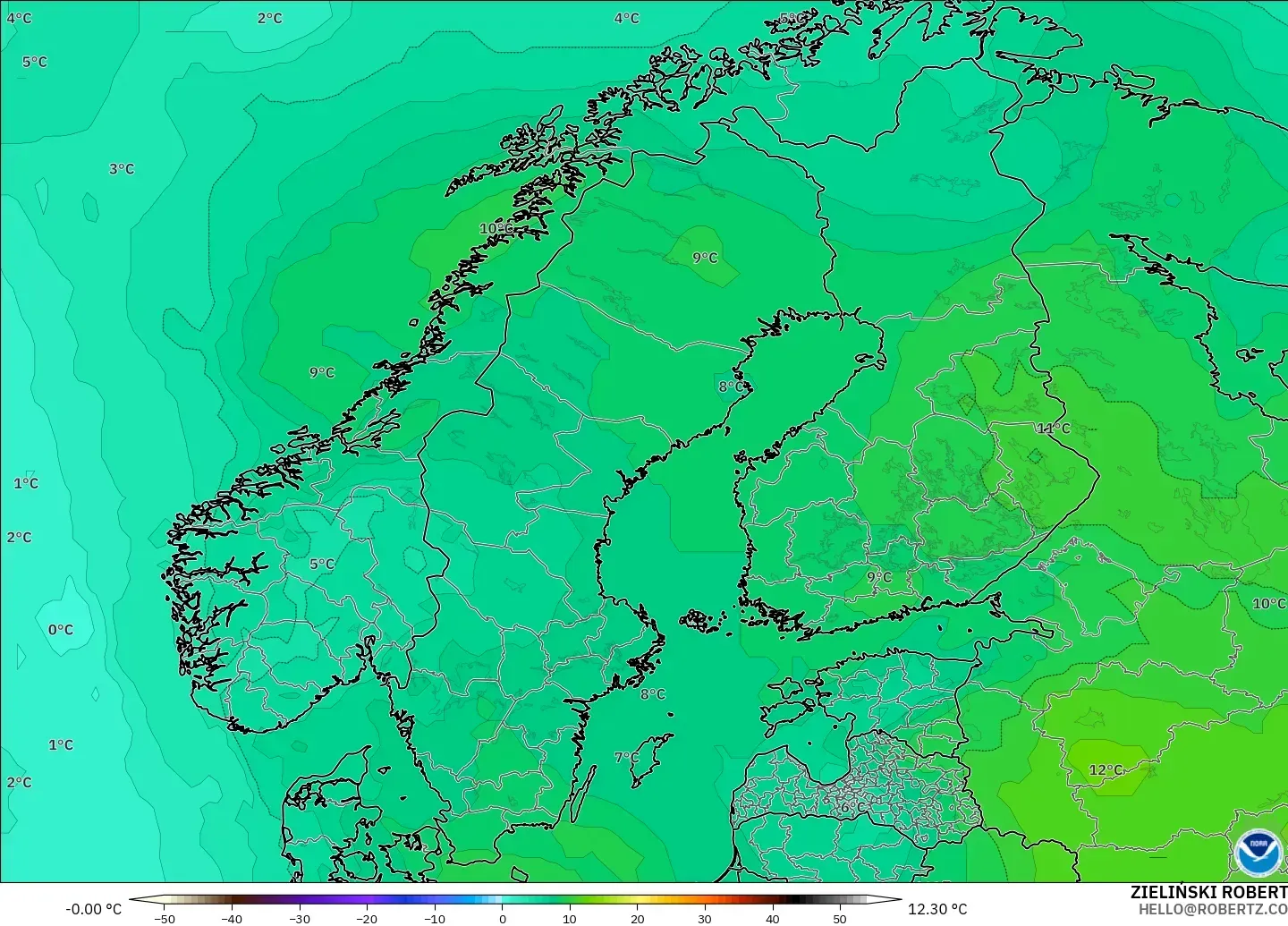 GFS modelo - Escandinavia, Temperatura a 850 hPa
