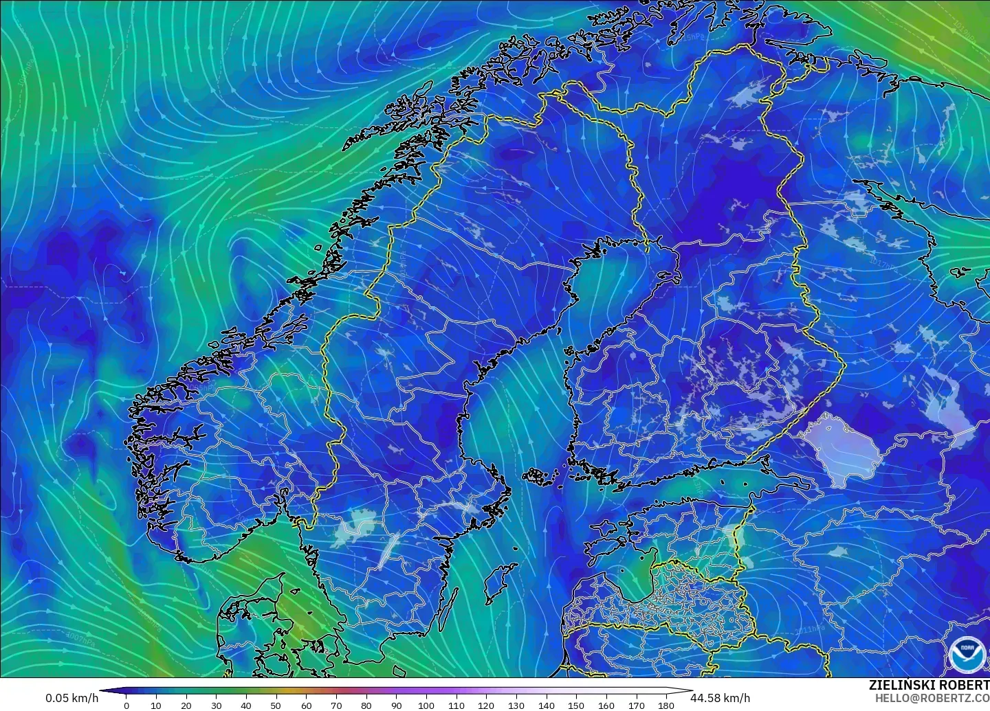 GFS modelo - Escandinavia, Viento a 10 m