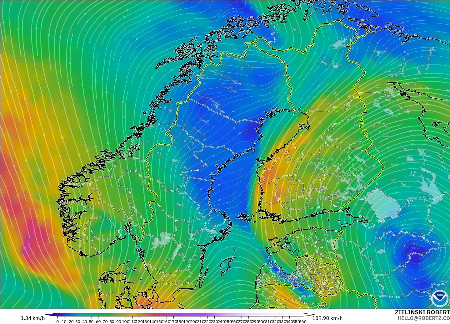 GFS modelo - Escandinavia, Viento a 300 hPa (corriente en chorro)