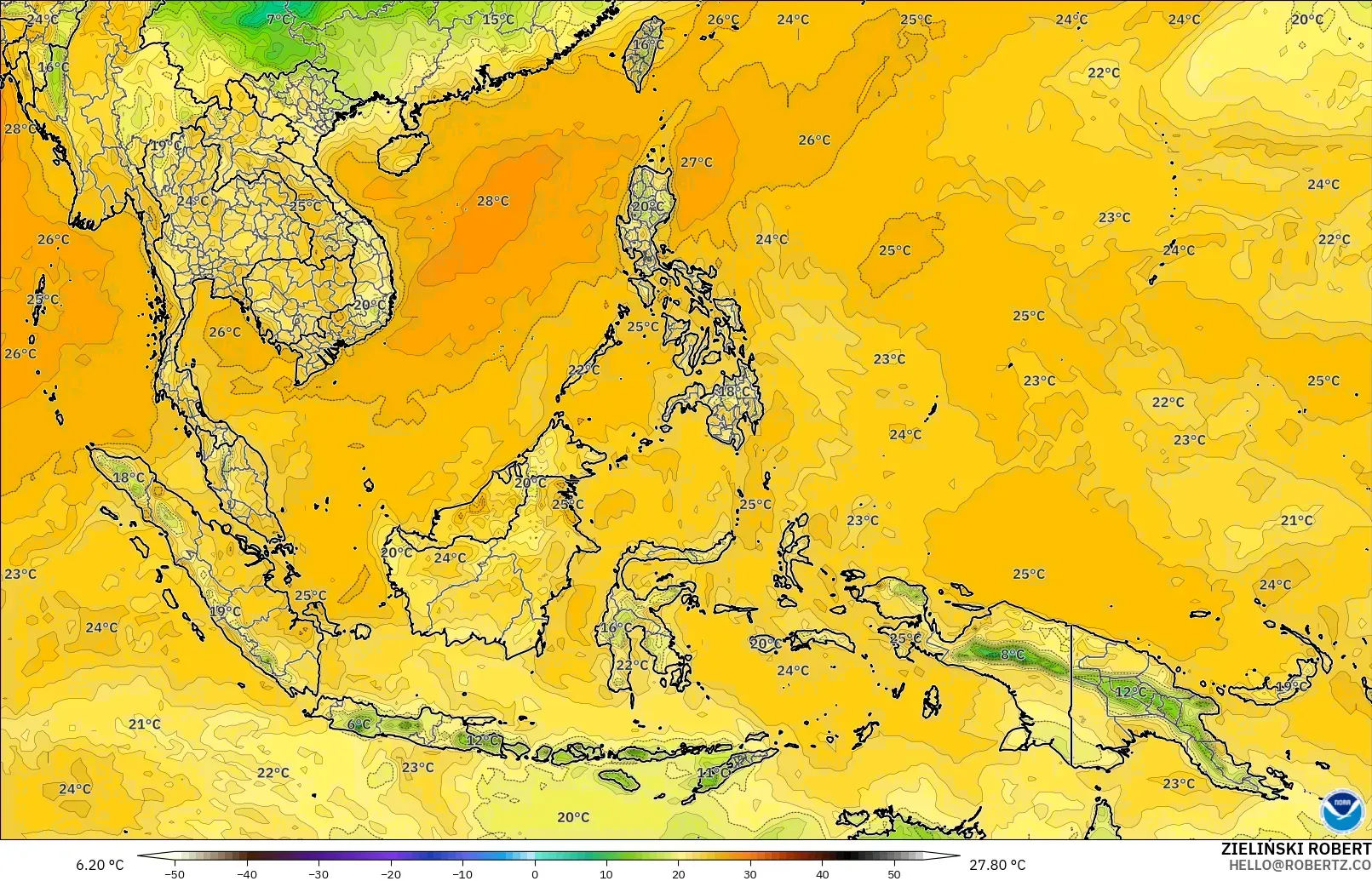 GFS modelo - Sudeste Asiático, Punto de rocío a 2 m