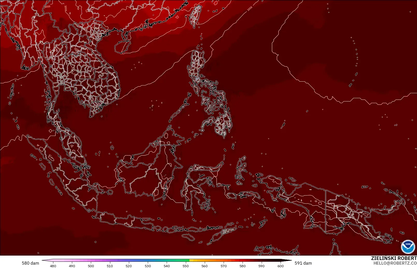 GFS modelo - Sudeste Asiático, Altura geopotencial a 500 hPa