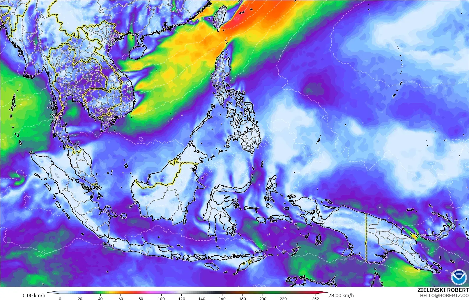 GFS modelo - Sudeste Asiático, Ráfagas de Viento Máximas