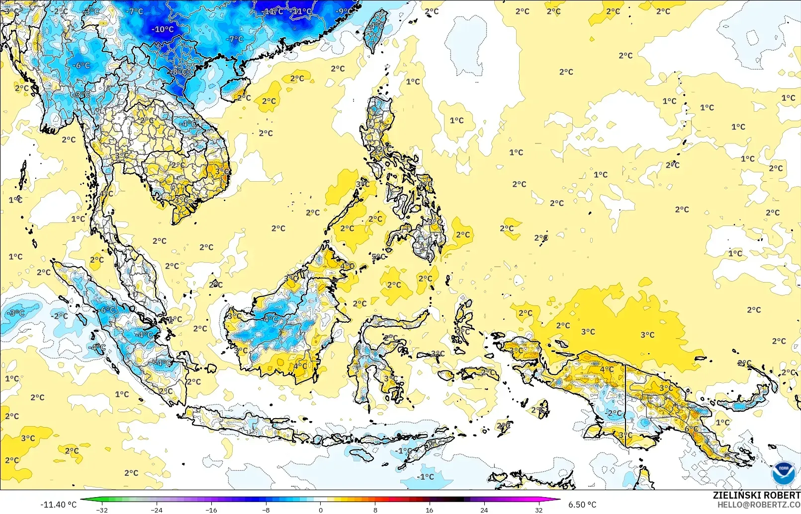 GFS modelo - Sudeste Asiático, Anomalía de temperatura a 2 m