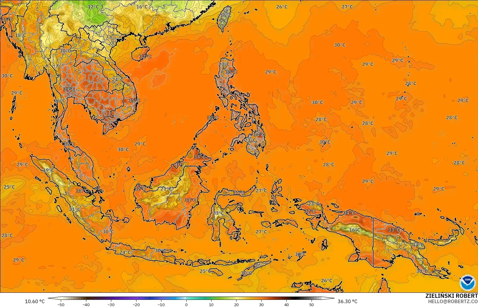 GFS modelo - Sudeste Asiático, Temperatura a 2 m