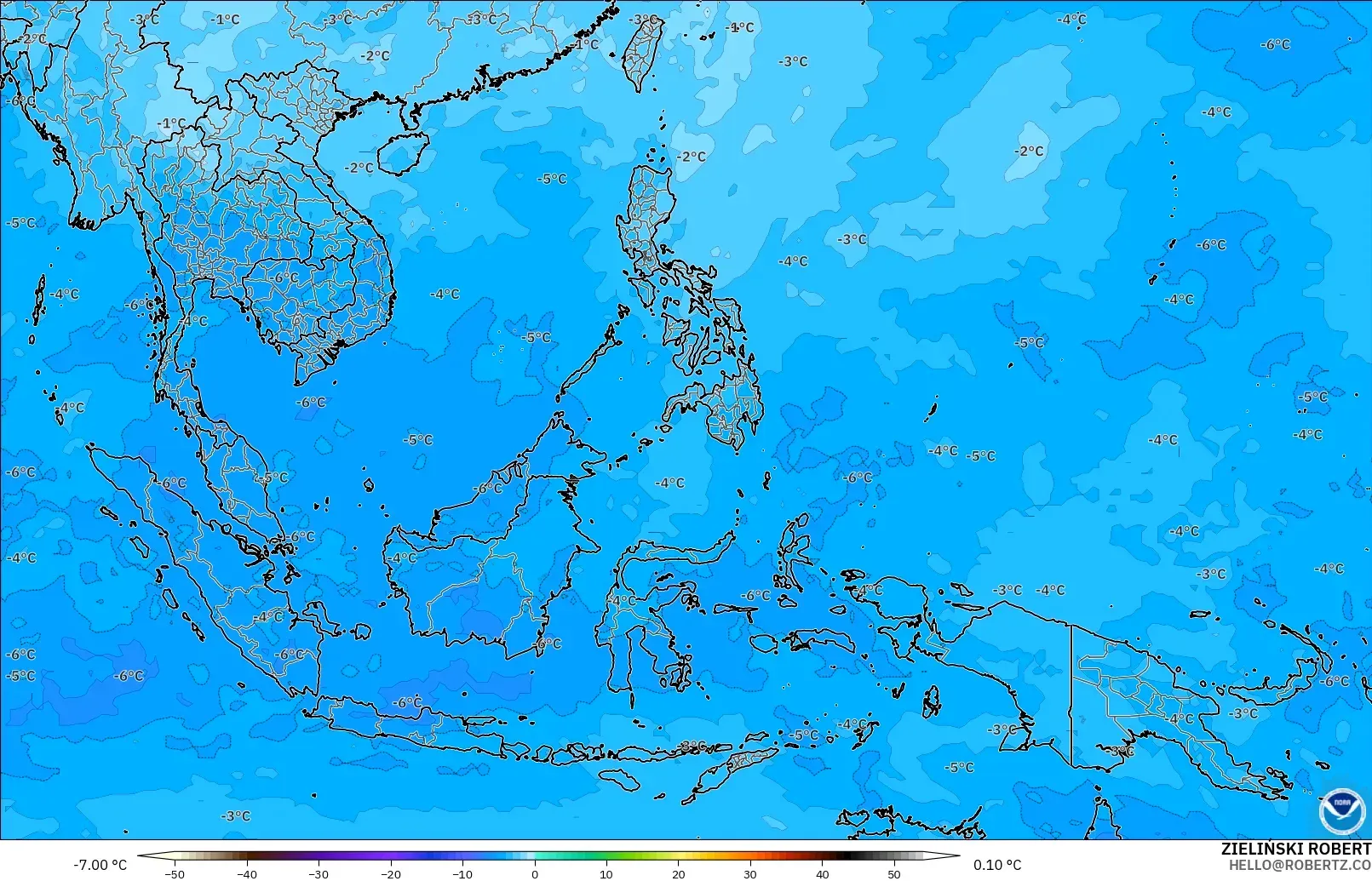 GFS modelo - Sudeste Asiático, Temperatura a 500 hPa