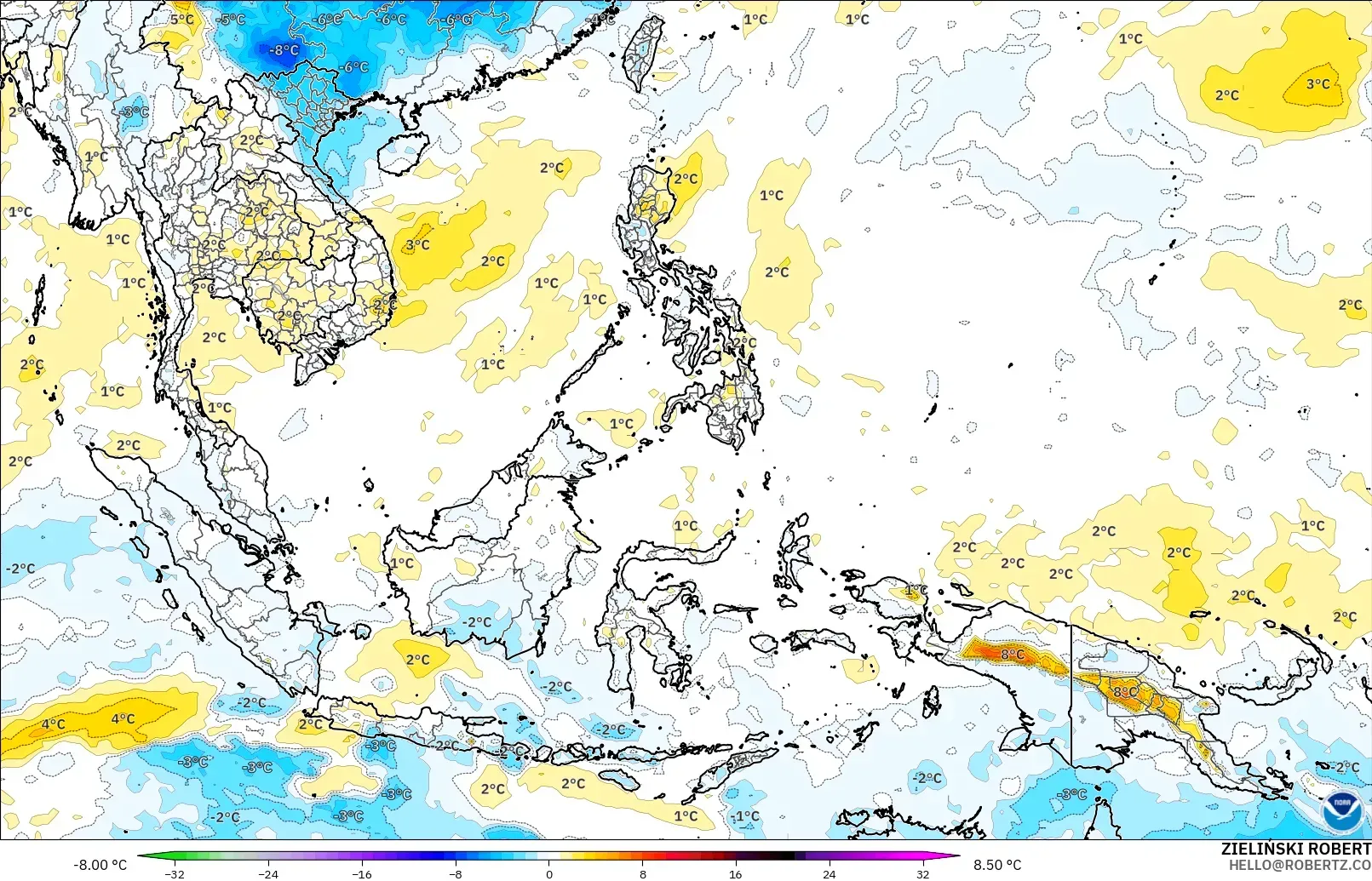 GFS modelo - Sudeste Asiático, Anomalía de temperatura a 850 hPa