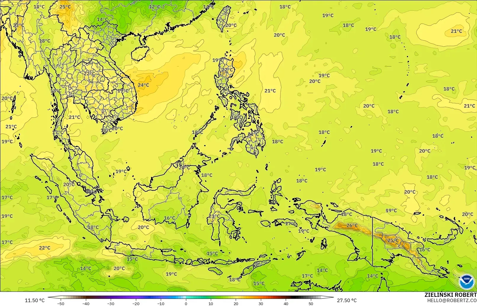 GFS modelo - Sudeste Asiático, Temperatura a 850 hPa