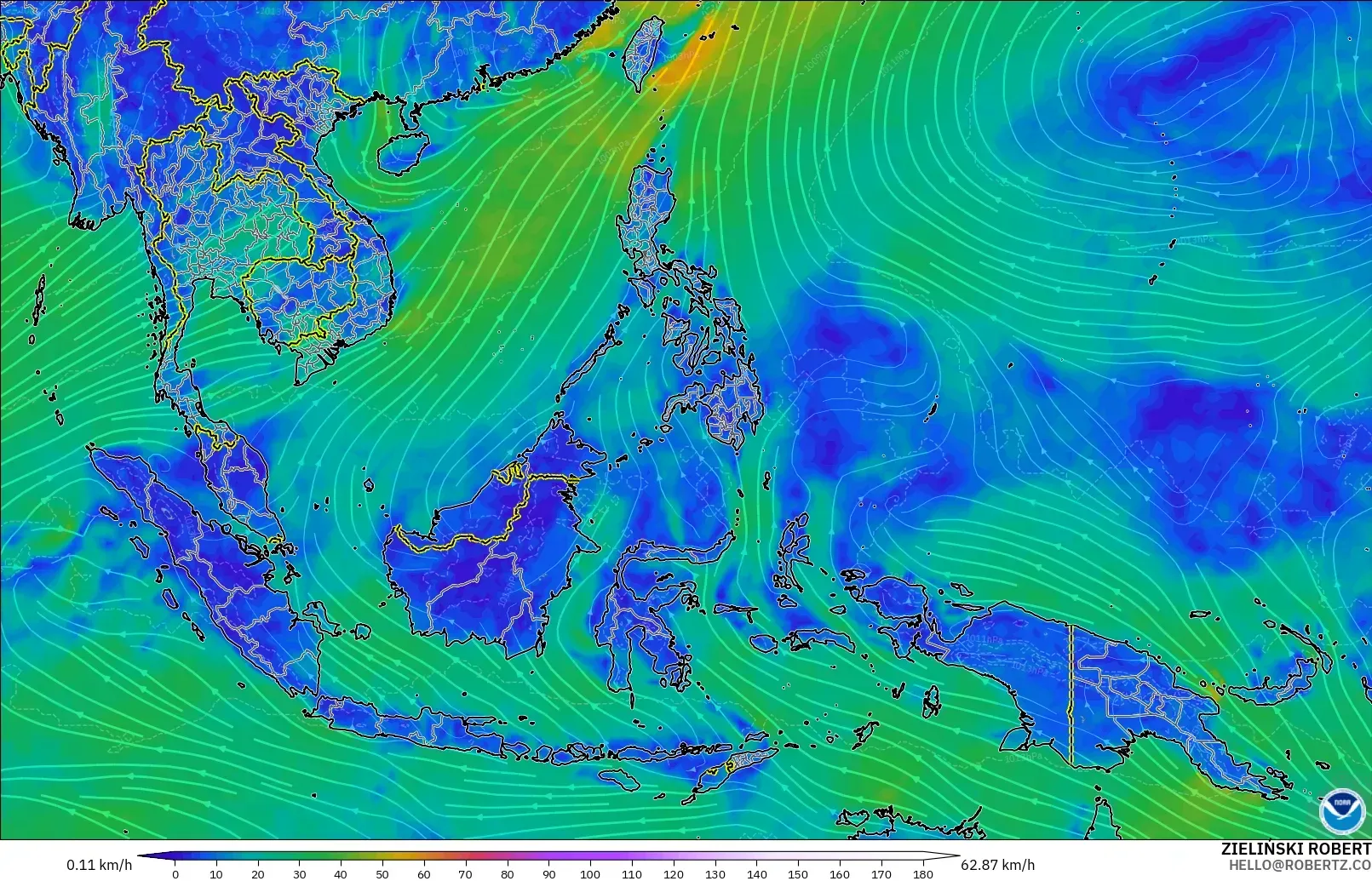 GFS modelo - Sudeste Asiático, Viento a 10 m
