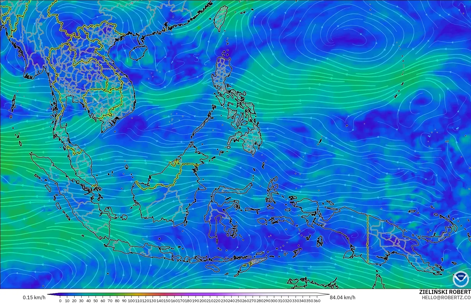 GFS modelo - Sudeste Asiático, Viento a 300 hPa (corriente en chorro)