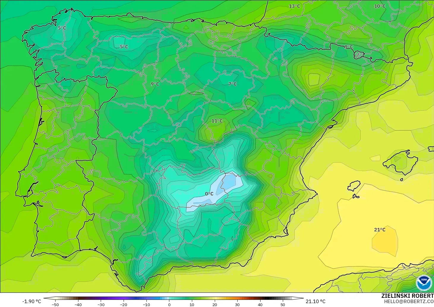GFS modelo - España, Punto de rocío a 2 m
