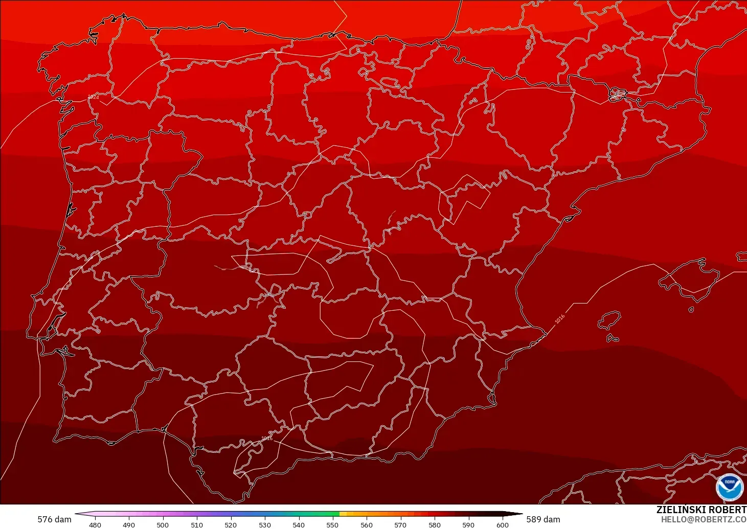 GFS modelo - España, Altura geopotencial a 500 hPa