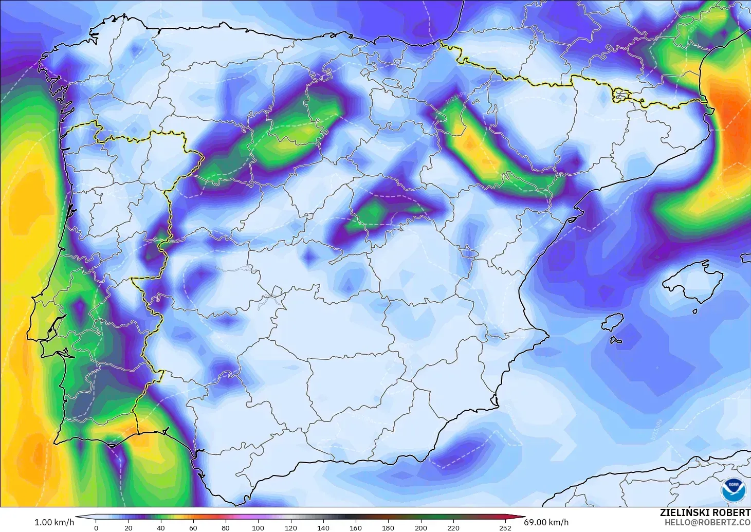 GFS modelo - España, Ráfagas de viento