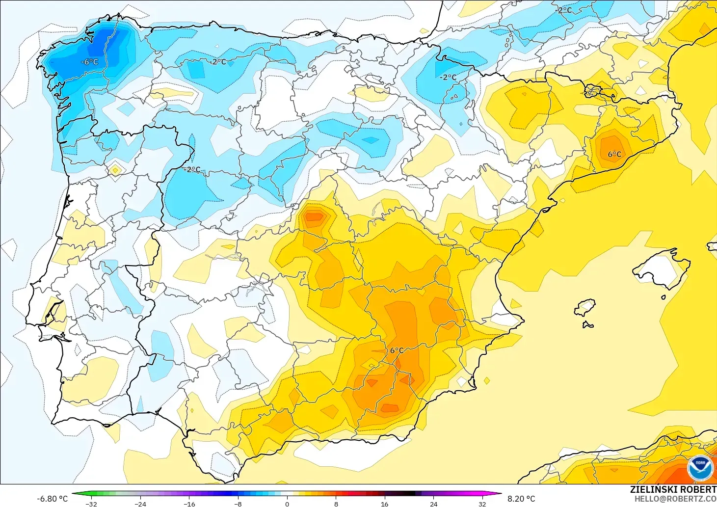 GFS modelo - España, Anomalía de temperatura a 2 m
