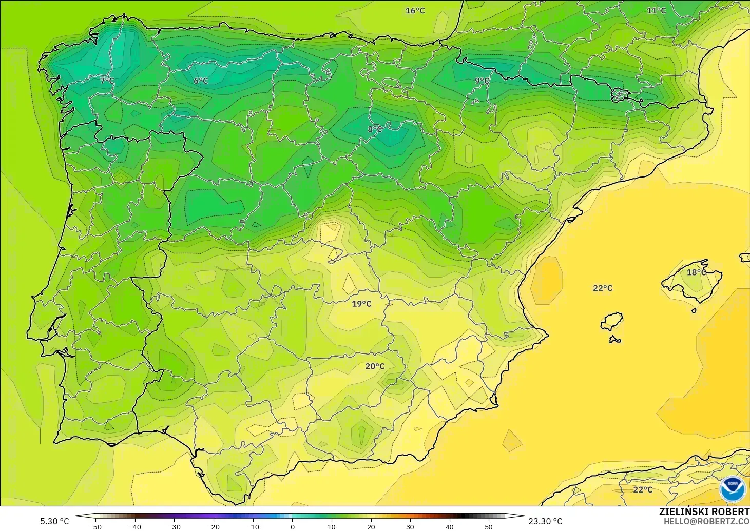 GFS modelo - España, Temperatura a 2 m
