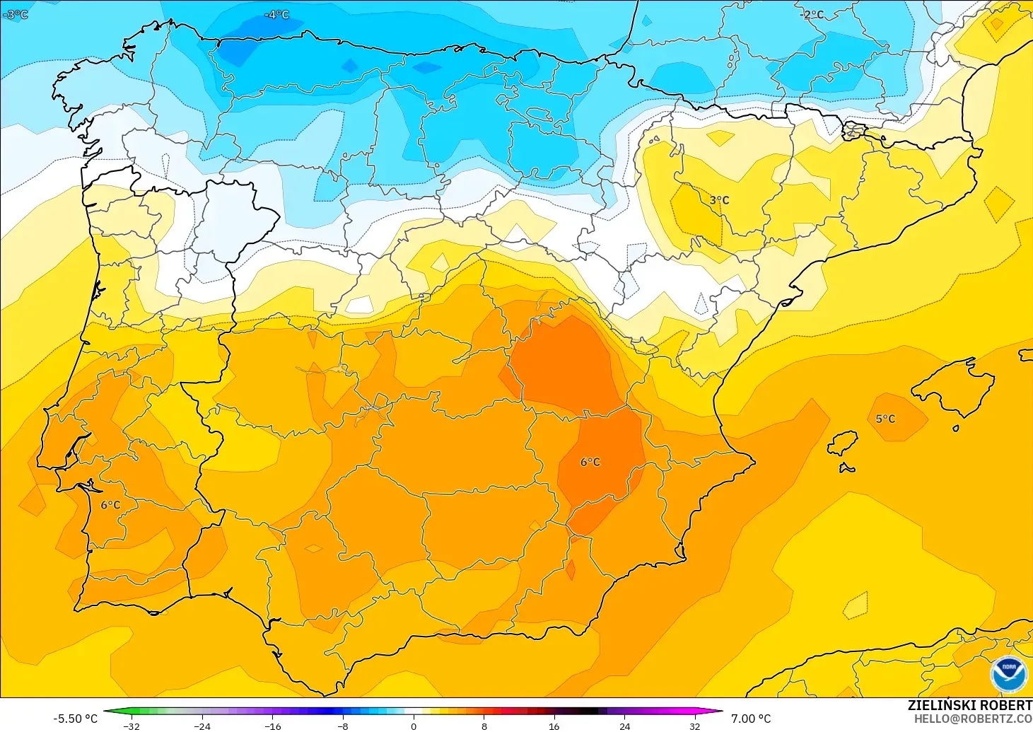 GFS modelo - España, Anomalía de temperatura a 850 hPa