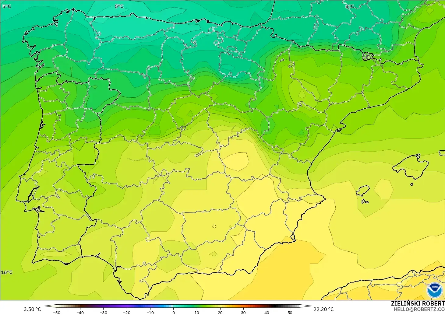 GFS modelo - España, Temperatura a 850 hPa