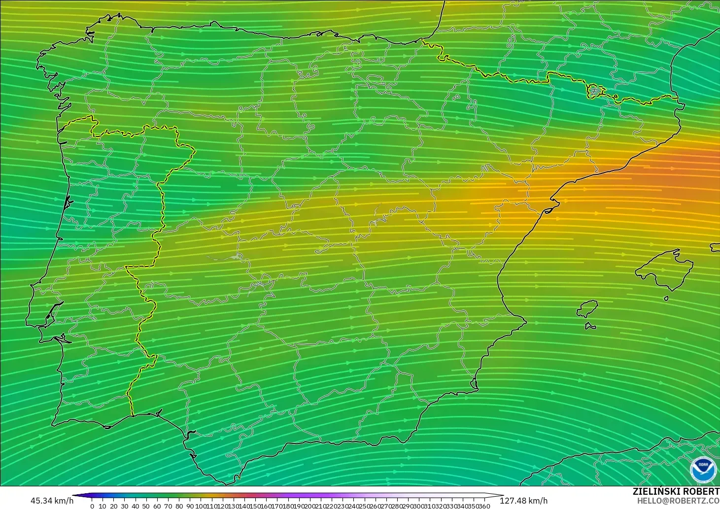 GFS modelo - España, Viento a 300 hPa (corriente en chorro)