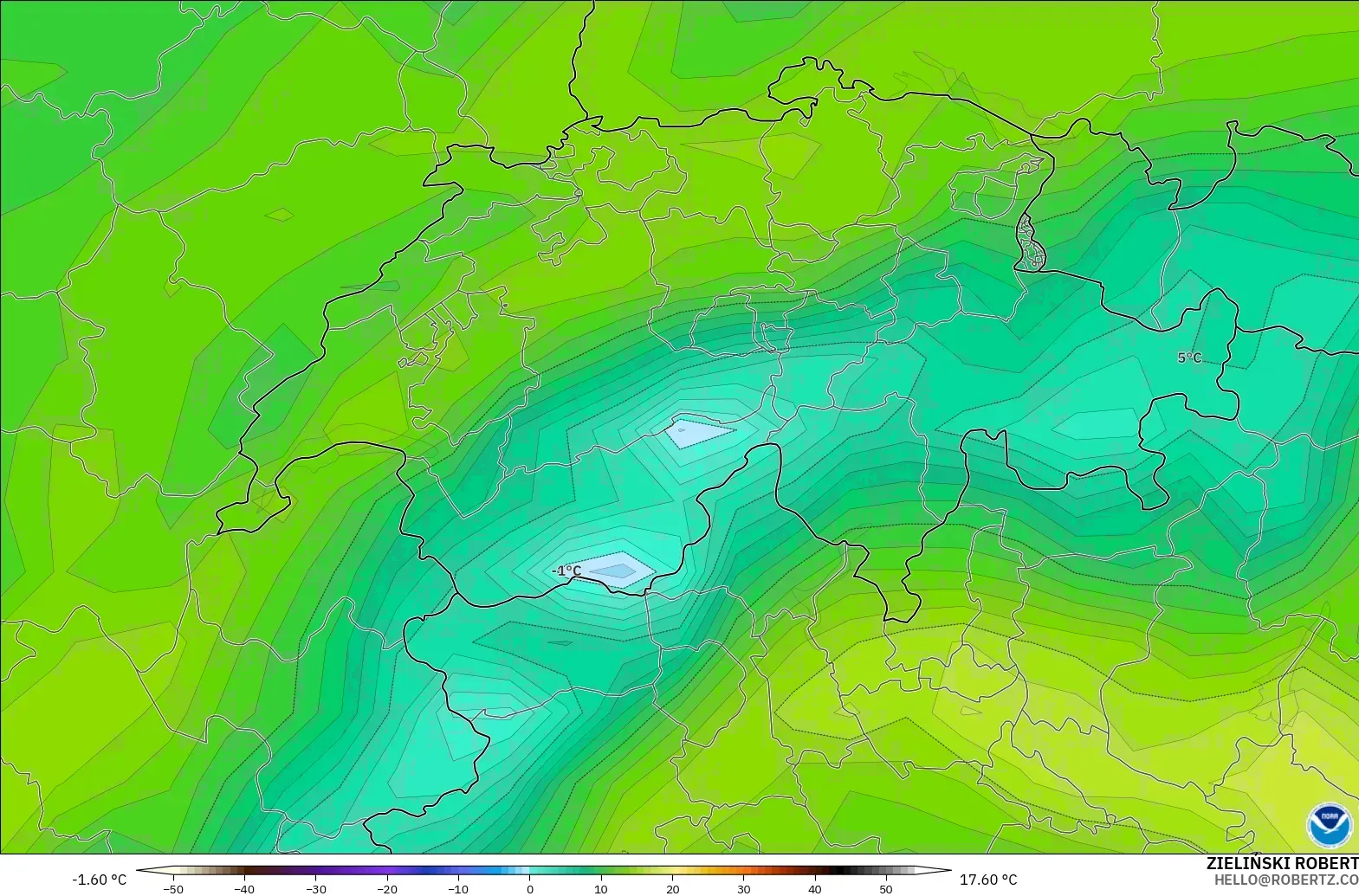 GFS modelo - Suiza, Punto de rocío a 2 m