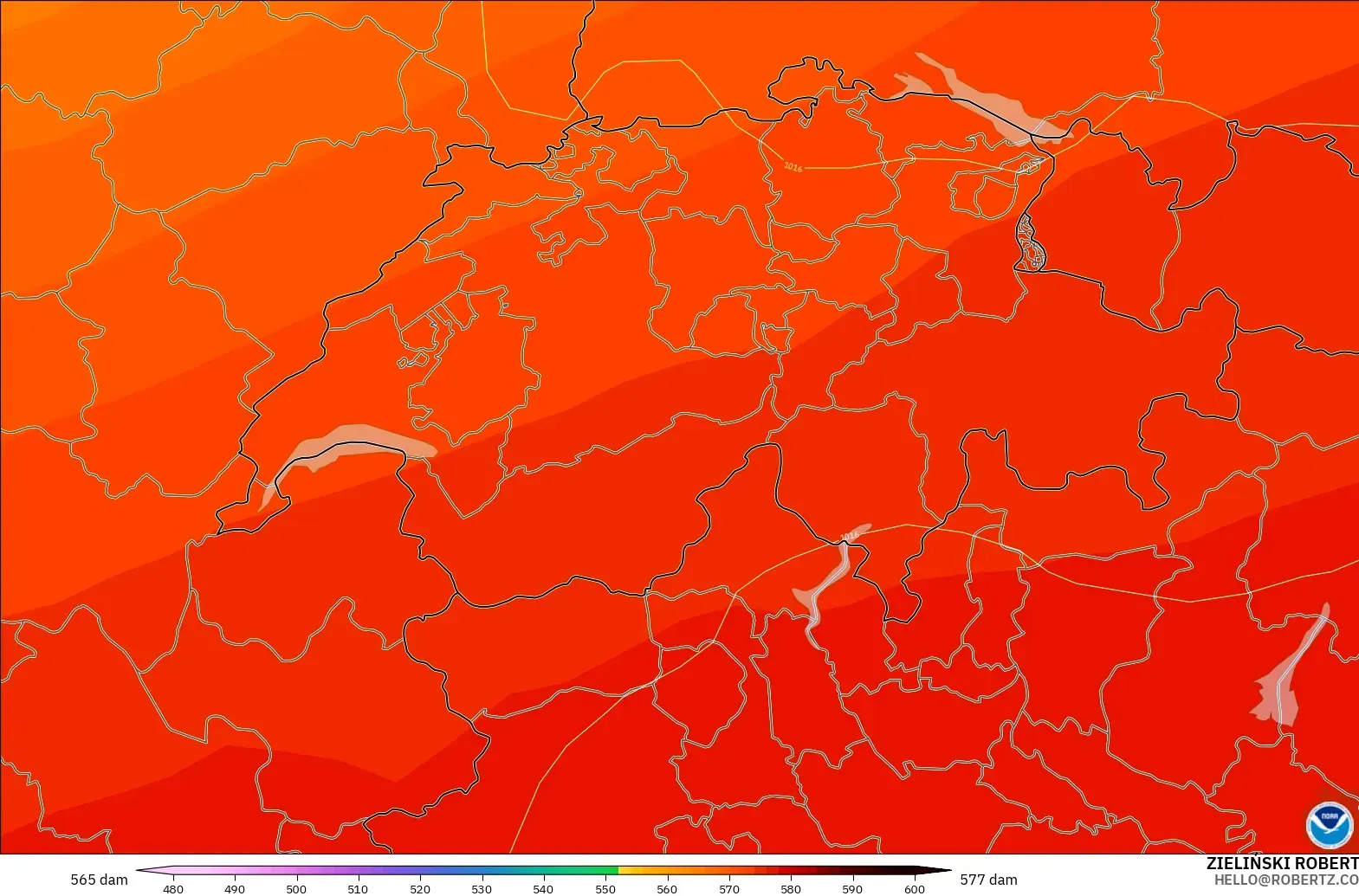 GFS modelo - Suiza, Altura geopotencial a 500 hPa