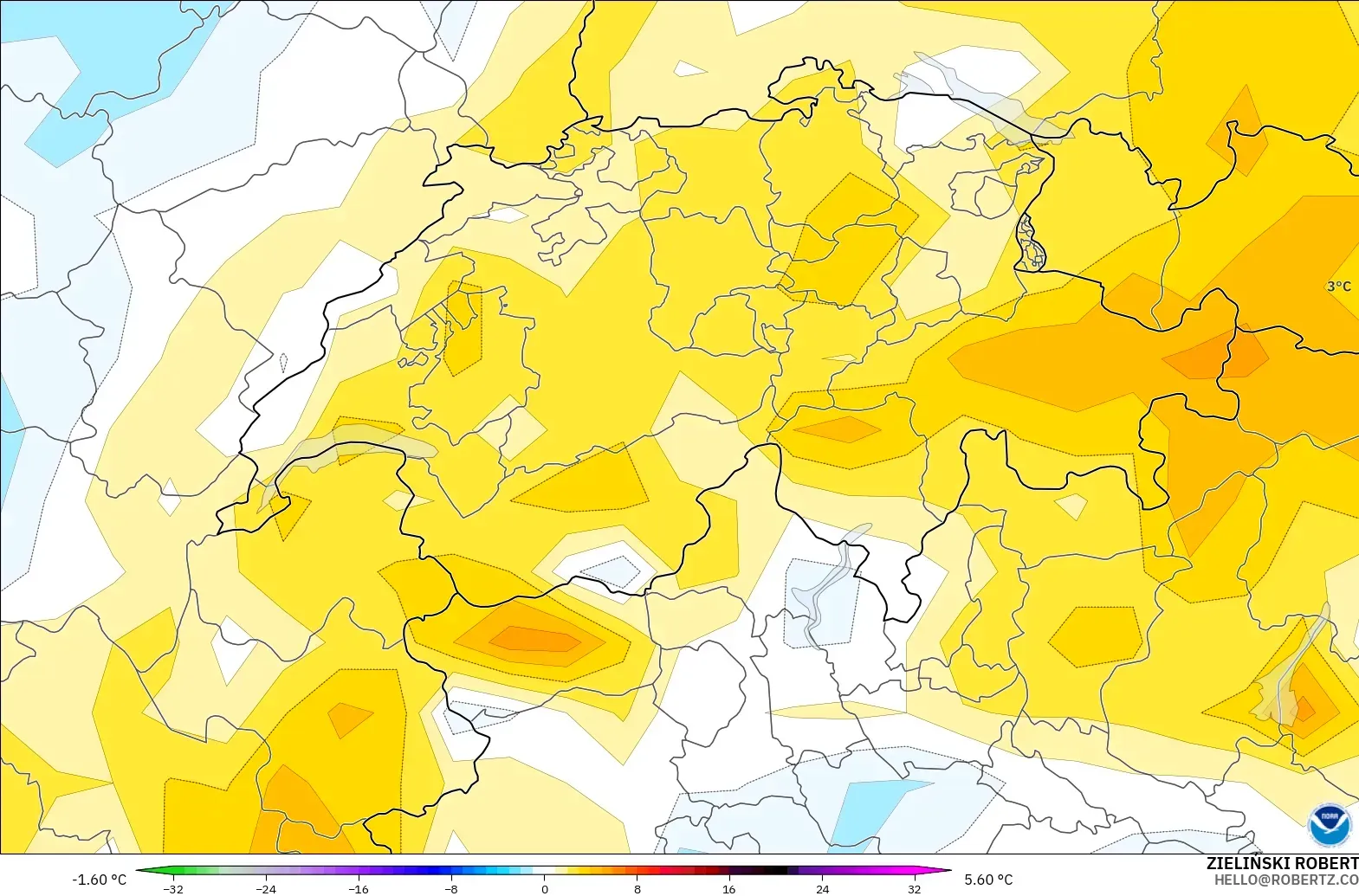 GFS modelo - Suiza, Anomalía de temperatura a 2 m