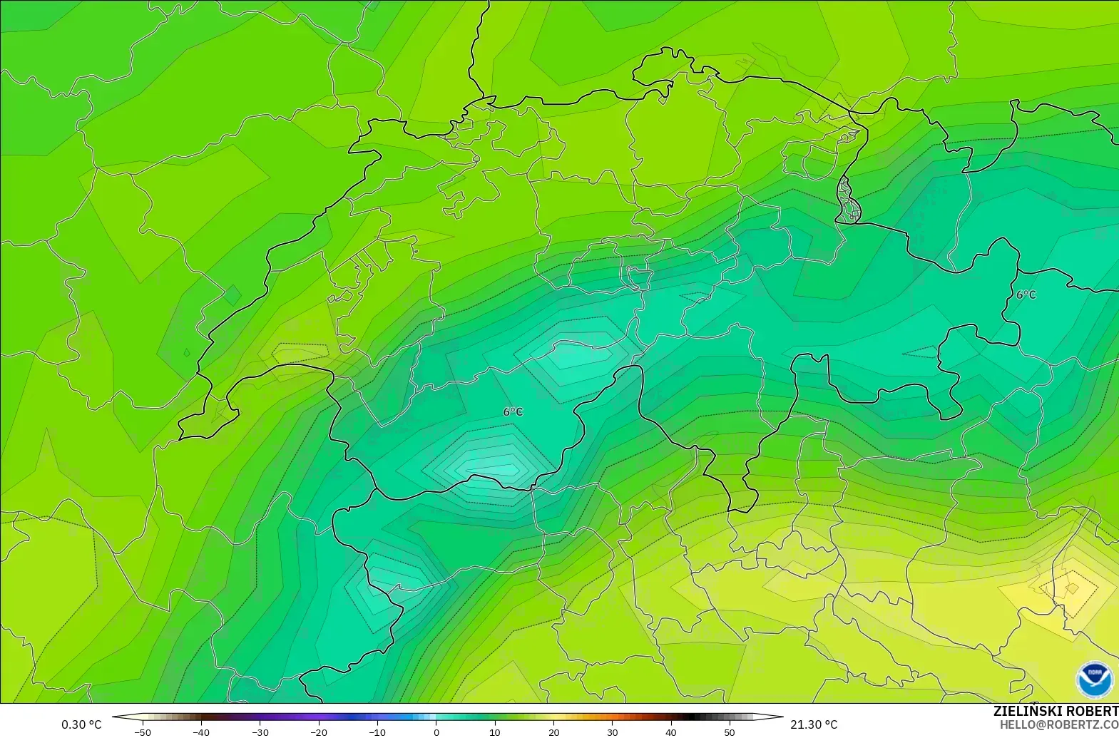 GFS modelo - Suiza, Temperatura a 2 m