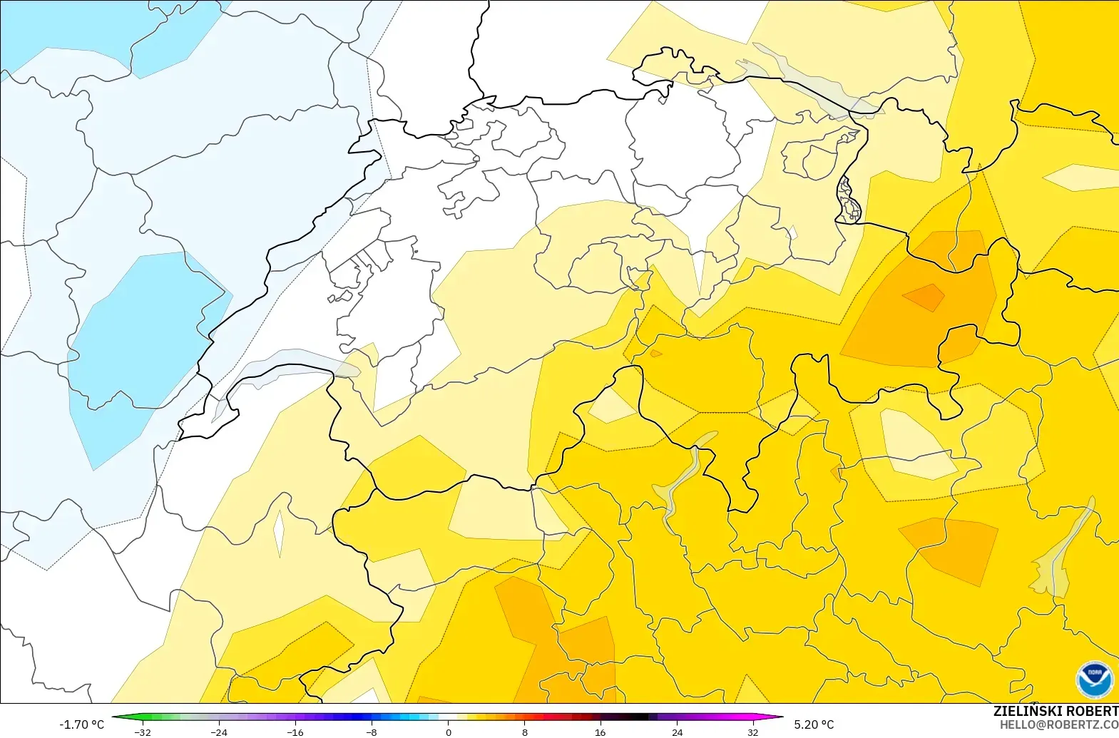 GFS modelo - Suiza, Anomalía de temperatura a 850 hPa