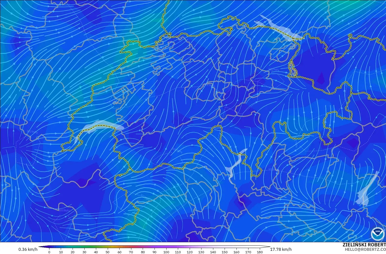 GFS modelo - Suiza, Viento a 10 m