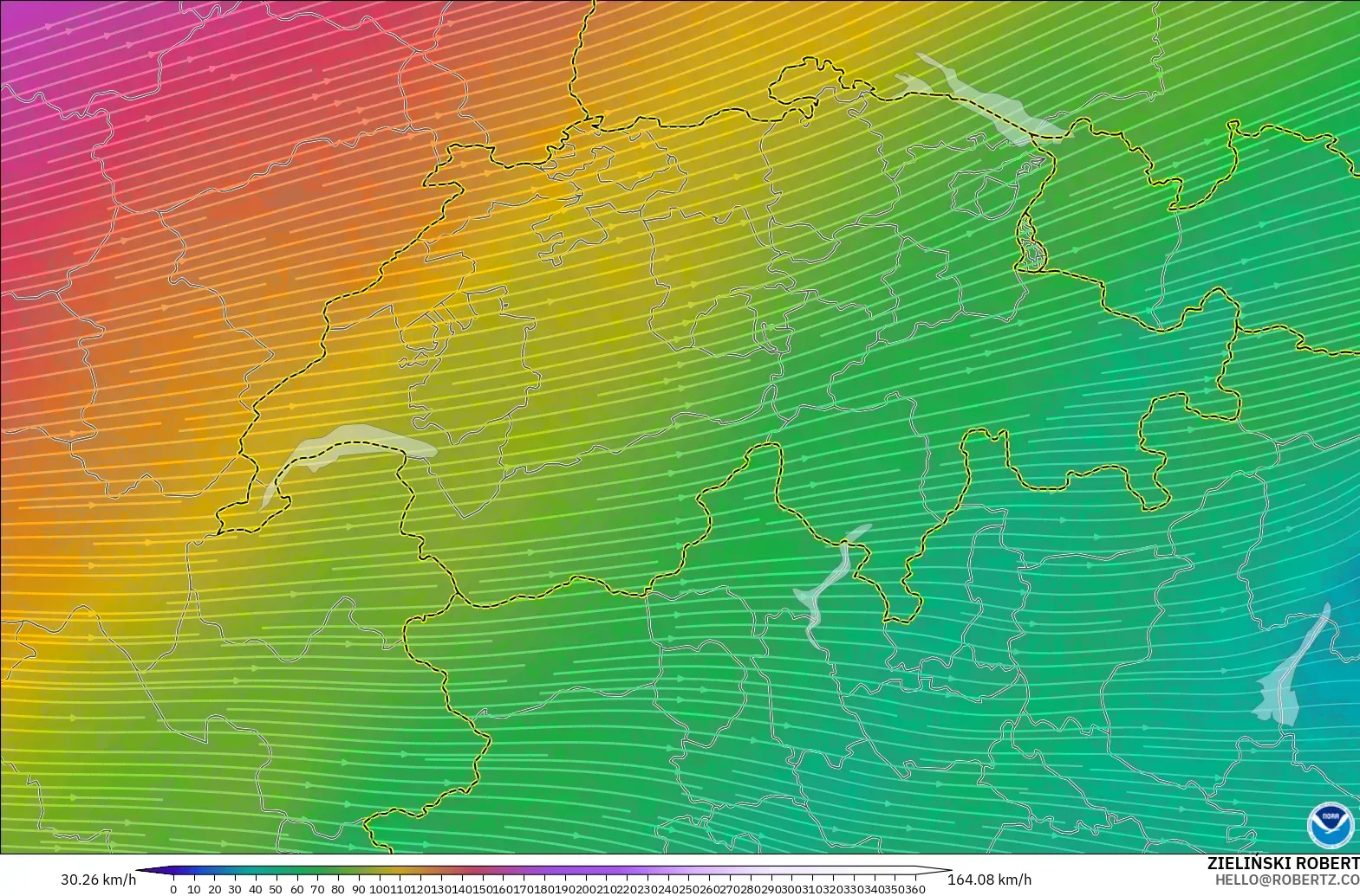 GFS modelo - Suiza, Viento a 300 hPa (corriente en chorro)
