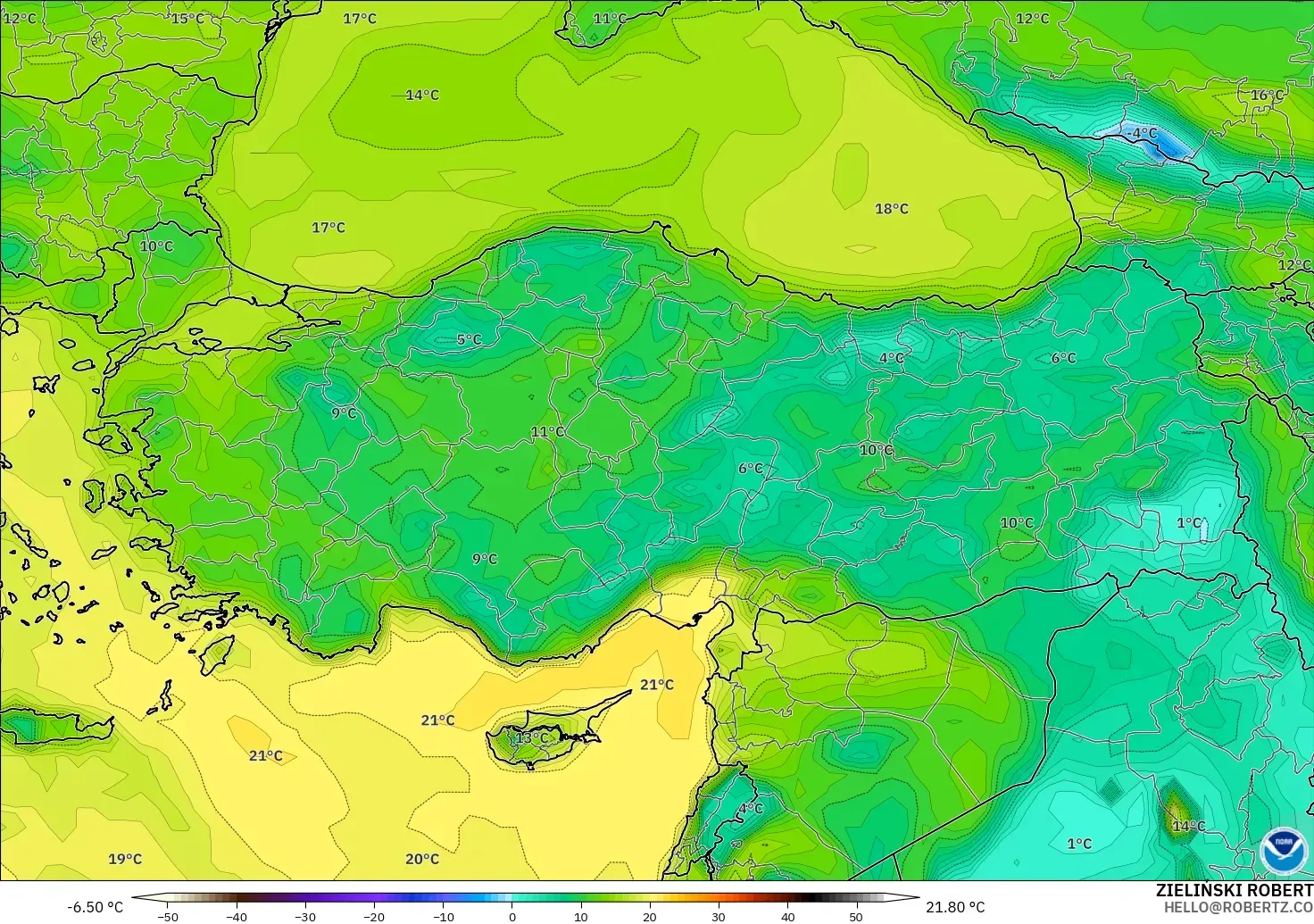 GFS modelo - Turquía, Punto de rocío a 2 m