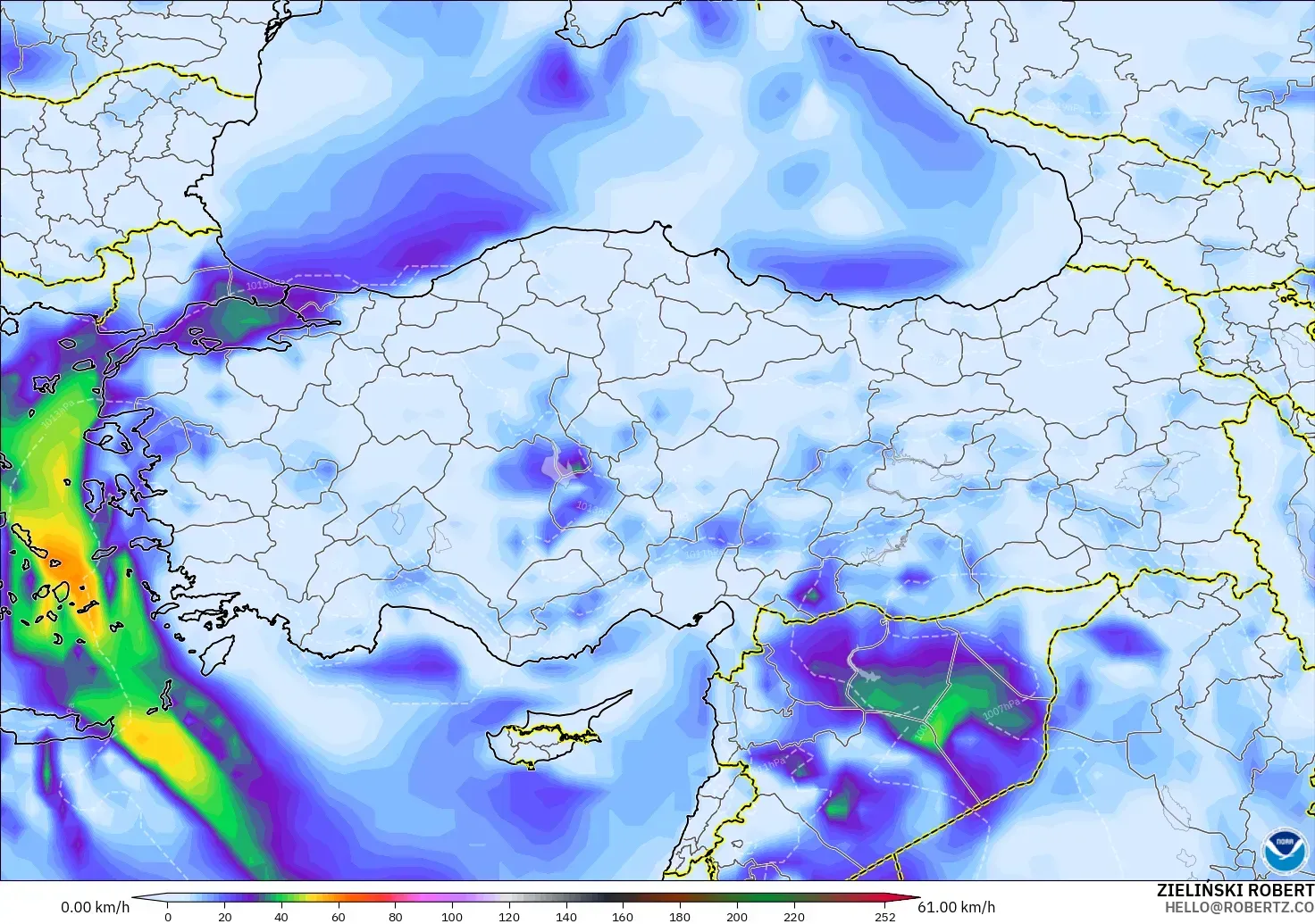 GFS modelo - Turquía, Ráfagas de viento