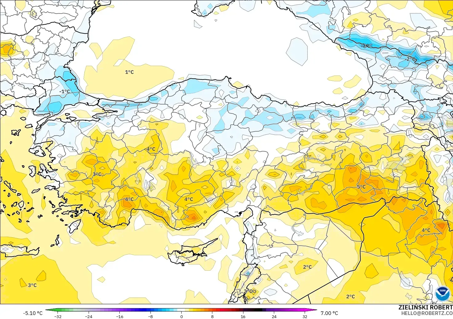 GFS modelo - Turquía, Anomalía de temperatura a 2 m
