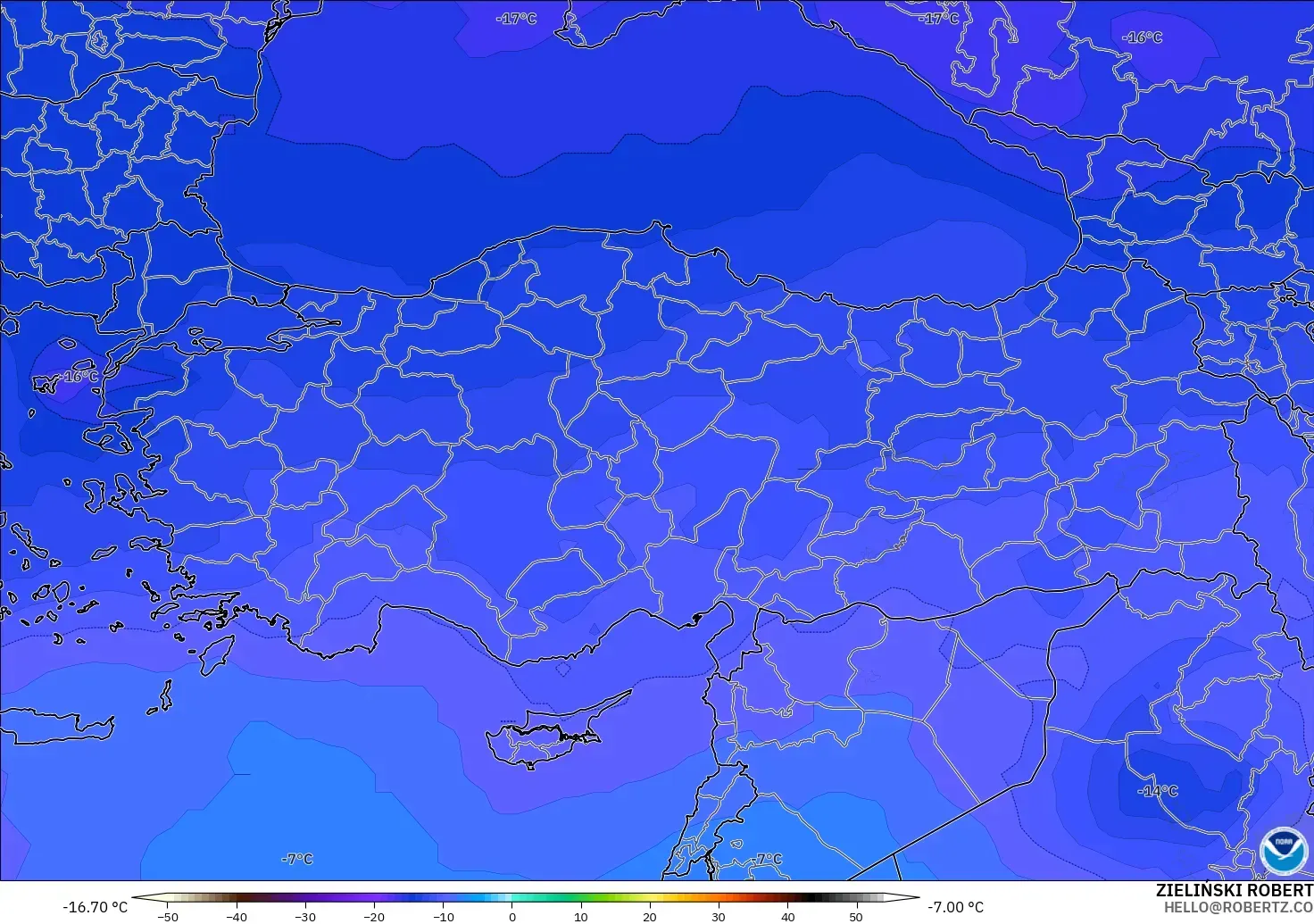 GFS modelo - Turquía, Temperatura a 500 hPa
