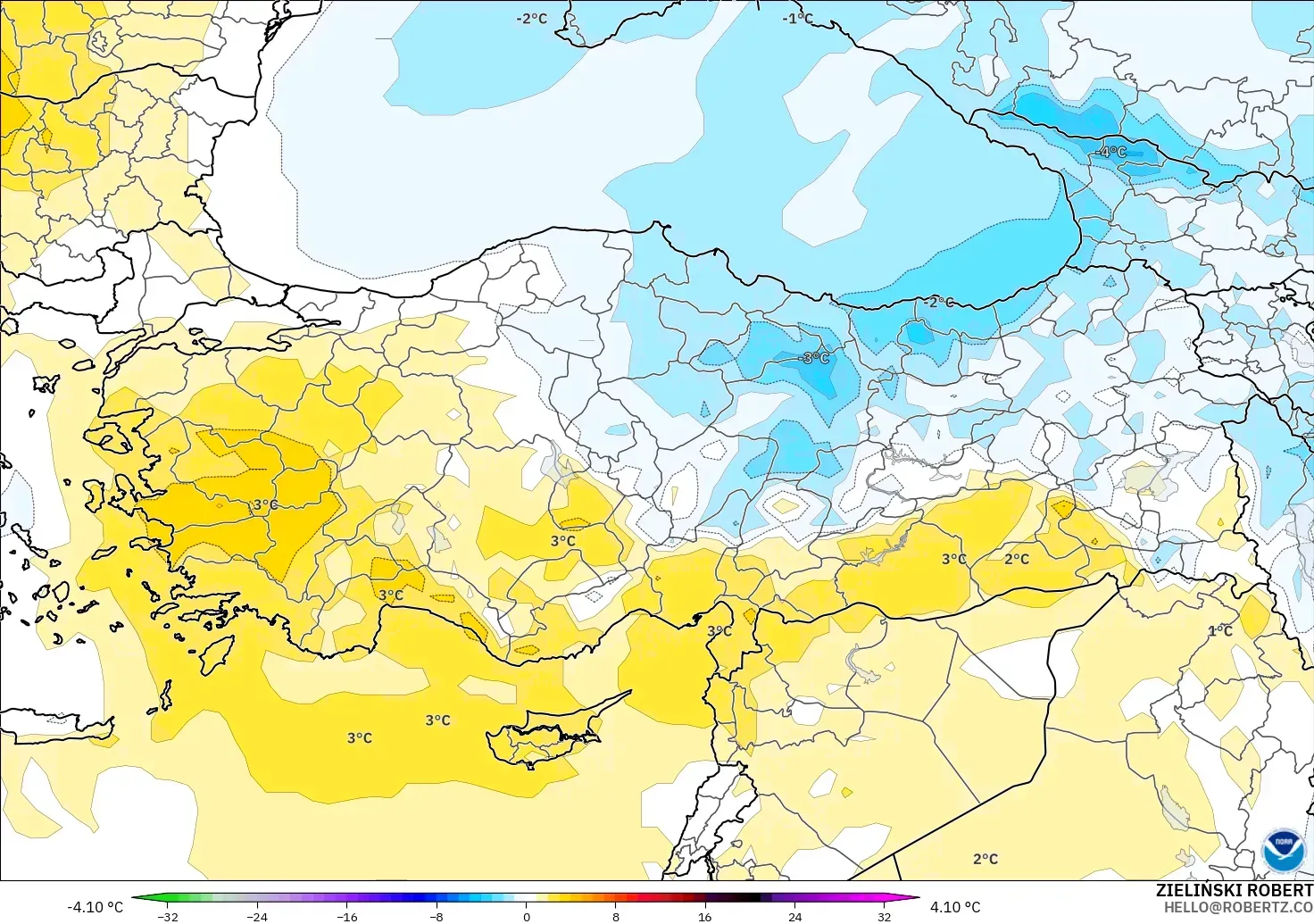 GFS modelo - Turquía, Anomalía de temperatura a 850 hPa