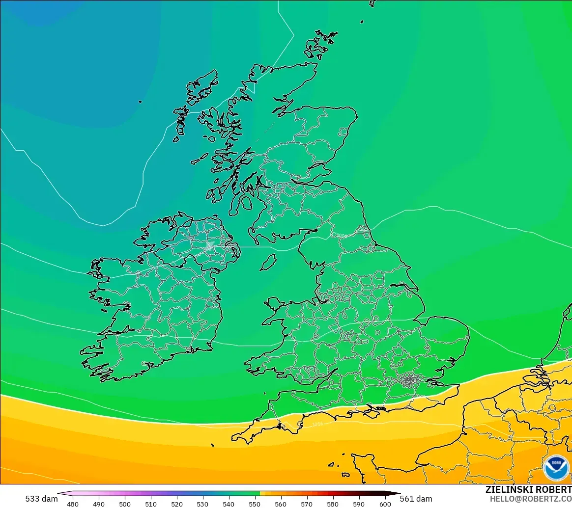 GFS modelo - Reino Unido, Altura geopotencial a 500 hPa