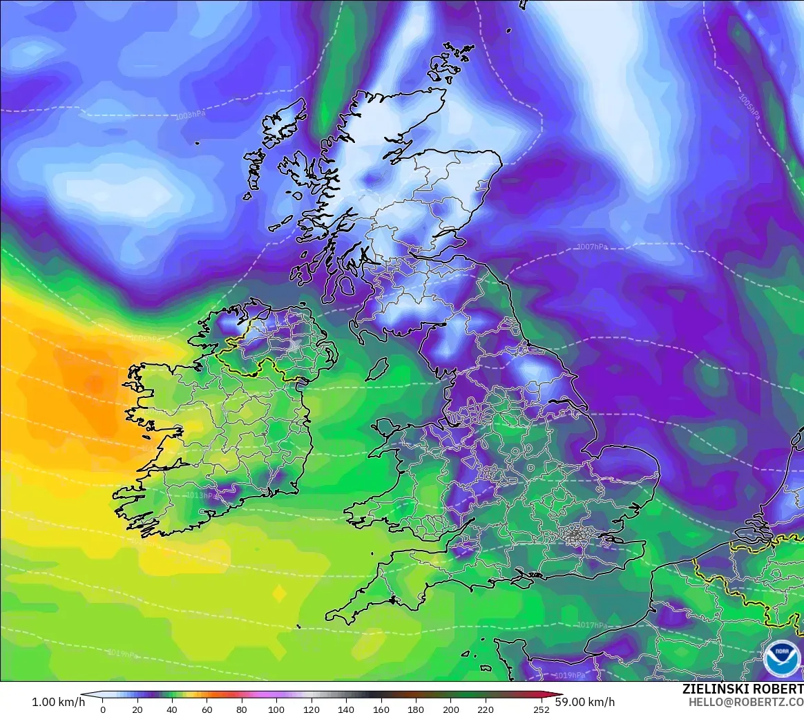 GFS modelo - Reino Unido, Ráfagas de viento