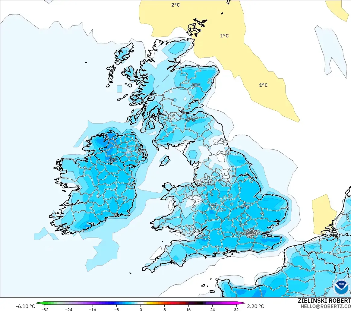 GFS modelo - Reino Unido, Anomalía de temperatura a 2 m